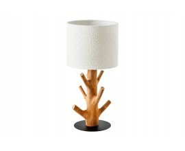 Vidiecka stoln&aacute; lampa Garcinia s hnedou mas&iacute;vnou nohou s dizajnom kon&aacute;rov a bielym bukl&eacute; tienidlom 58 cm