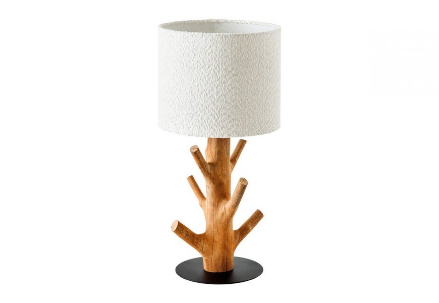 Dizajnová masívna nočná lampa Garcinia s naturálnou nohou z masívneho mangostánového dreva v teplej medovej hnedej farbe s výbežkami konárov s bielym okrúhlym tienidlom z bouclé látky