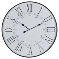 Vintage veľké nástenné okrúhle hodiny Union Station s čiernym dreveným rámom s patinou a ciferníkom s rímskymi číslicami