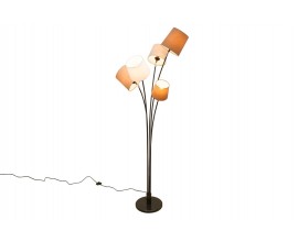 &Scaron;t&yacute;lov&aacute; modern&aacute; kovov&aacute; stojaca lampa Levels s piatimi okr&uacute;hlymi hned&yacute;mi a bielymi ľanov&yacute;mi tienidlami 176 cm 