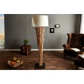 Etno stojaca lampa Euphoria z naplaven&yacute;ch kon&aacute;rov s okr&uacute;hlym kr&eacute;mov&yacute;m ľanov&yacute;m tienidlom a čiernou &scaron;tvorcovou podstavou 175 cm