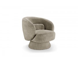 Art deco otočné kreslo Elian potiahnuté taupe sivou bouclé látkou so zaobleným operadlom a kužeľovou základňou 76 cm