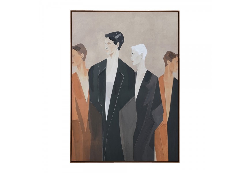 Art deco obdĺžnikový nástenný obraz Persona s motívom štyroch postáv v čiernych oranžových a béžových odtieňoch v hnedom drevenom ráme