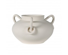 Modern&aacute; zaguľaten&aacute; v&aacute;za z porcel&aacute;nu Ayla v slonovinovej bielej farbe s jemnou &scaron;trukt&uacute;rou s tromi zaoblen&yacute;mi u&scaron;kami s tromi dekorat&iacute;vnymi prstencami s okr&uacute;hlym hrdlom