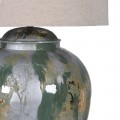 Dizajnov&aacute; stoln&aacute; lampa Aurora s kovovou zeleno-striebornou nohou a b&eacute;žov&yacute;m ľanov&yacute;m tienidlom 73 cm
