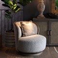 Luxusn&eacute; retro otočn&eacute; okr&uacute;hle kreslo Cozy s b&eacute;žov&yacute;m teddy poťahom a drevenou podstavou 90 cm