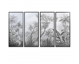 Retro sada &scaron;tyroch obdĺžnikov&yacute;ch obrazov Botanical Noir s čiernym dreven&yacute;m r&aacute;mom a botanick&yacute;m mot&iacute;vom v odtieňoch sivej