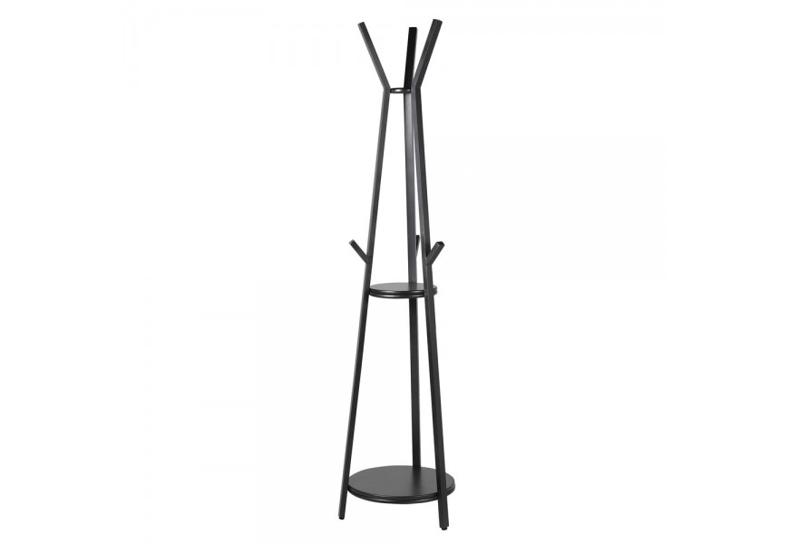 Industri&aacute;lny okr&uacute;hly kovov&yacute; ve&scaron;iak Tripod Black s dvomi dreven&yacute;mi poličkami v čiernej farbe 183 cm