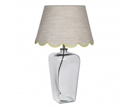 Vidiecka sklenen&aacute; nočn&aacute; lampa Bella Verde s priehľadnou nohou s ľanov&yacute;m tienidlom v b&eacute;žovej farbe a zelen&yacute;m lemom