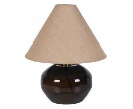 Modern&aacute; nočn&aacute; lampa Globe s hnedou nohou so sklenen&yacute;m efektom v tvare splo&scaron;tenej gule s ľanov&yacute;m tienidlom s dizajnom juty v b&eacute;žovej farbe v kužeľovom tvare