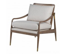 Luxusn&eacute; art deco dizajnov&eacute; kreslo Oscar s čal&uacute;nenou sedacou časťou a opierkou s textiln&yacute;m poťahom v b&eacute;žovej farbe s dreven&yacute;m mas&iacute;vnym r&aacute;mom v hnedej farbe so zlat&yacute;mi kovov&yacute;mi detailmi s ratanov&yacute;m v&yacute;pletom s viedensk&yacute;m vzoroch na chrbtovej opierke