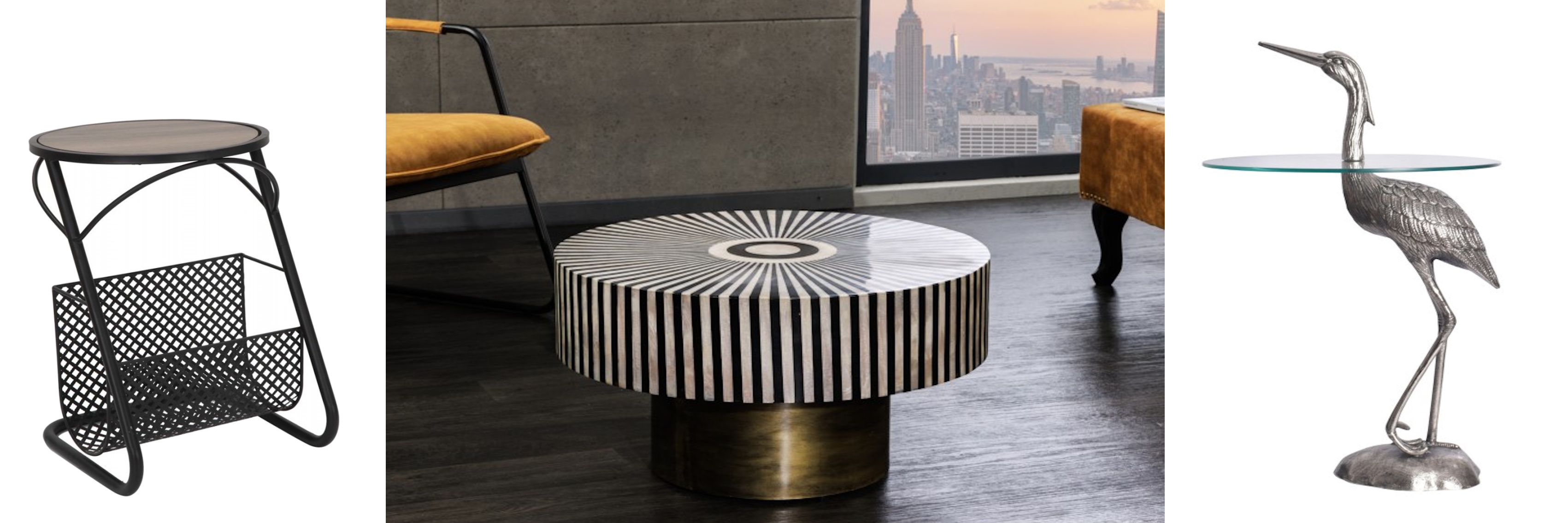 Art deco okrúhly čiernobiely konferenčný stolík Hypnotique so zlatou nohou a instarziou a príručný stolík Lennox v industriálnom štýle so stojanom na časopisy a okrúhly sklenený príručný stolík Ardea s podstavou v tvare strieborného žeriava